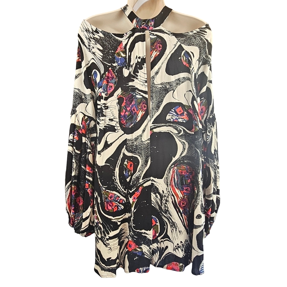 Free People Womens Drift Away Black Abstract Print Open Shoulder Tunic Dress M - Picture 4 of 15